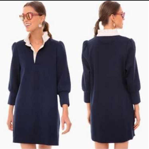 Tuckernuck Pomander Place Charlotte Dress Navy Ruffle Neck Shift Style Size M - Picture 1 of 7